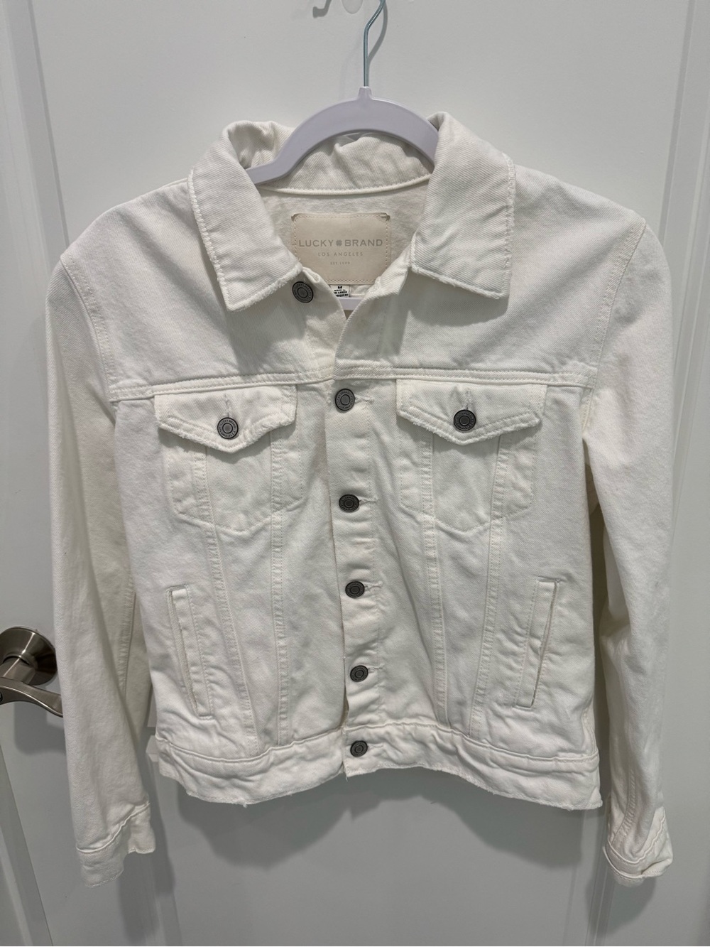 Women’s Lucky white raw edge Tomboy Trucker Jacket Size M NWOT